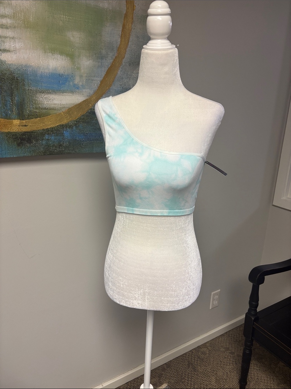 No Boundaries One-Shoulder Crop Top in Light Blue and White Tie-Dye